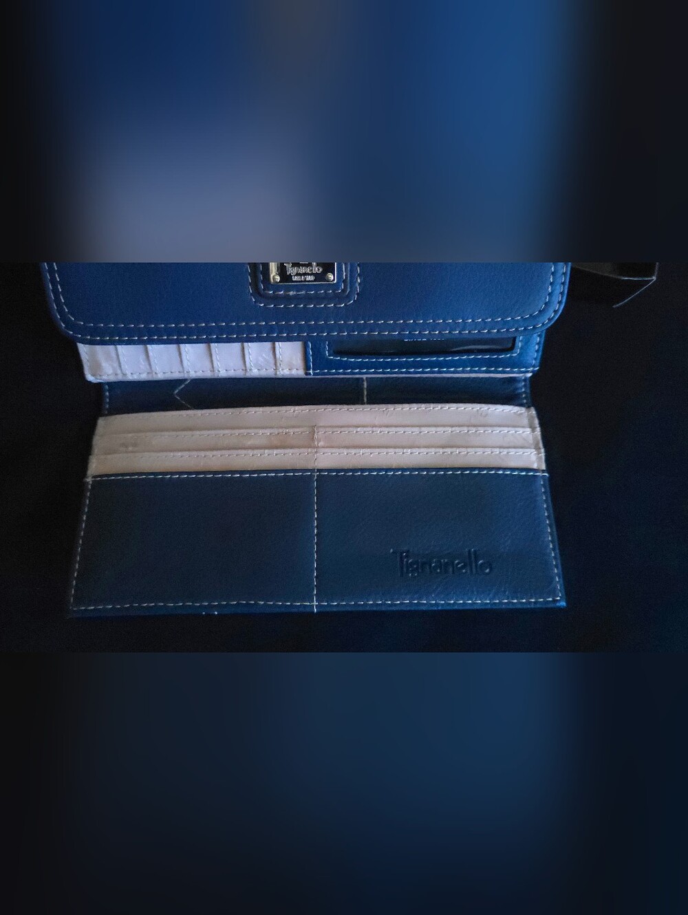 Tignanello Blue Women's Leather Flap Wallet with Silver Logo Plaque - Picture 5 of 9